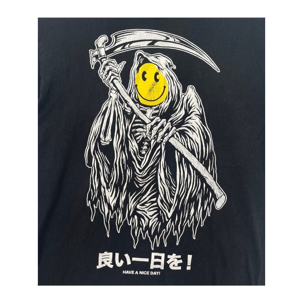 SCW Grim Reaper Smiley Face Baby Tee Black Graphic Tee Japan Streetwear size S - Picture 2 of 6